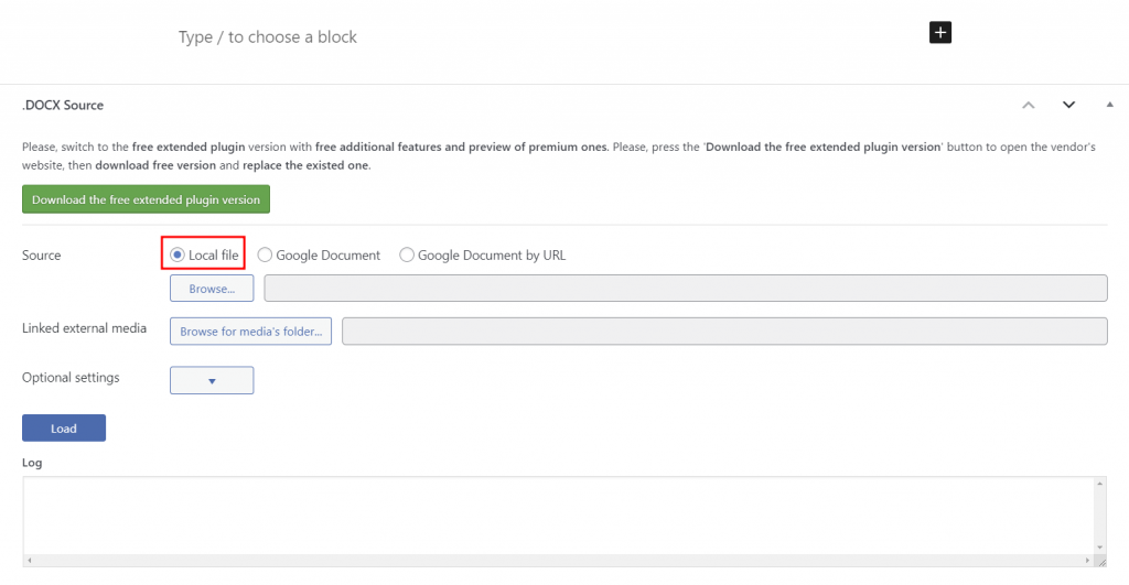 Seraphinite section in WordPress editor, highlighting the option to import a local file