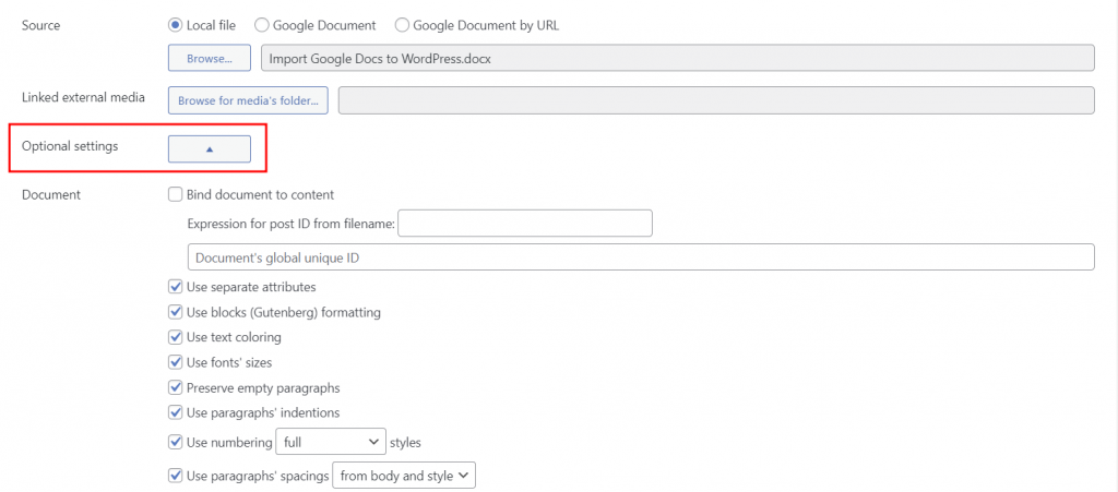 Seraphinite section in WordPress editor, highlighting the Optional settings menu