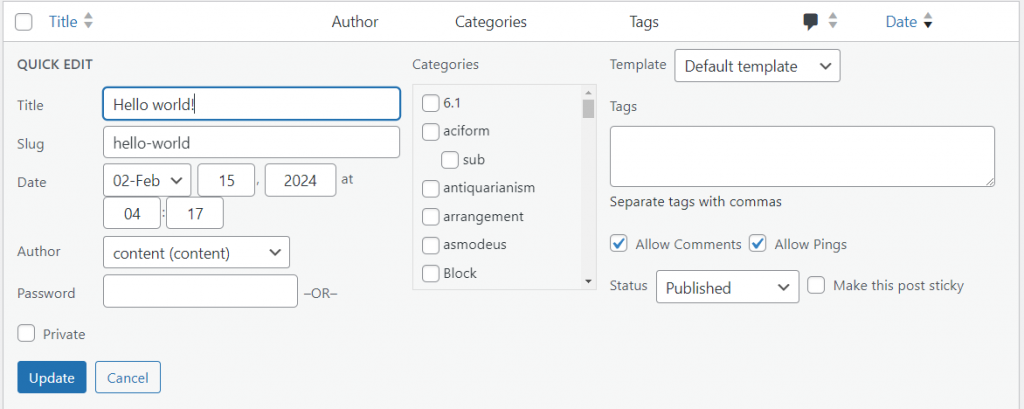 Editing options when users click the Quick Edit button