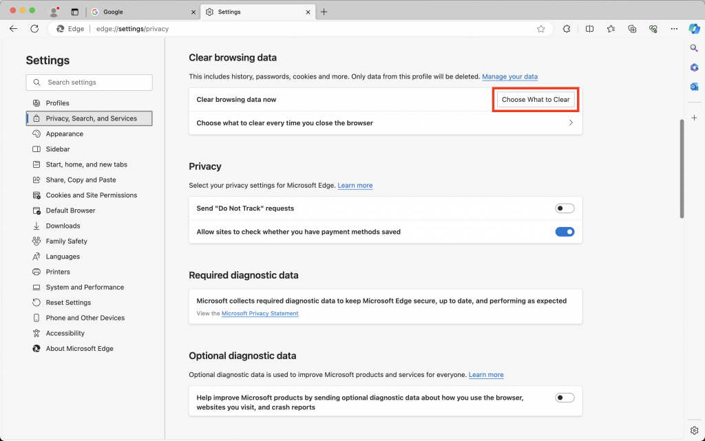 Choose What to Clear button highlighted