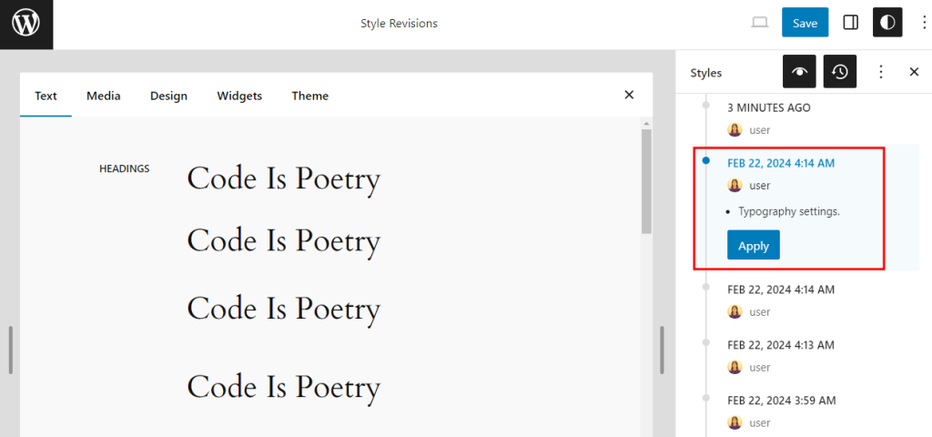 The Apply button for a particular design version