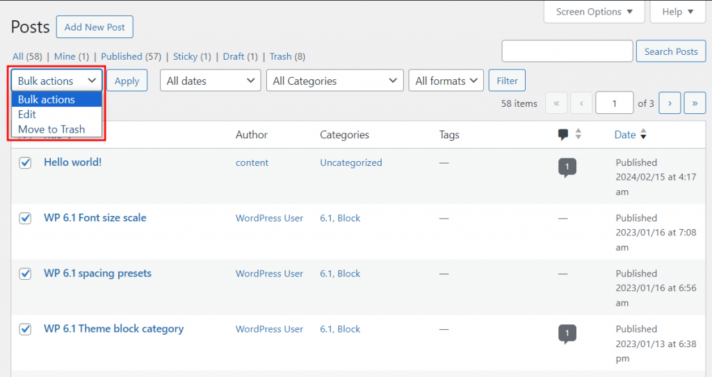 The Bulk Actions feature for Posts