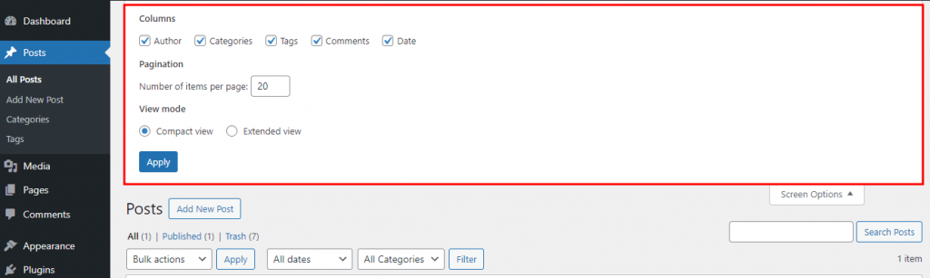 The Columns section inside Posts