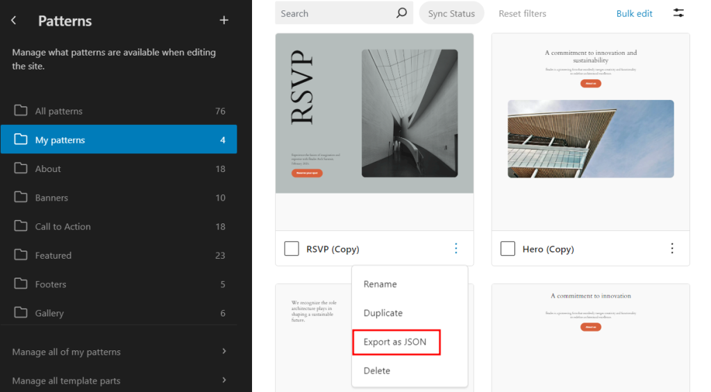 The Patterns section in the block editor