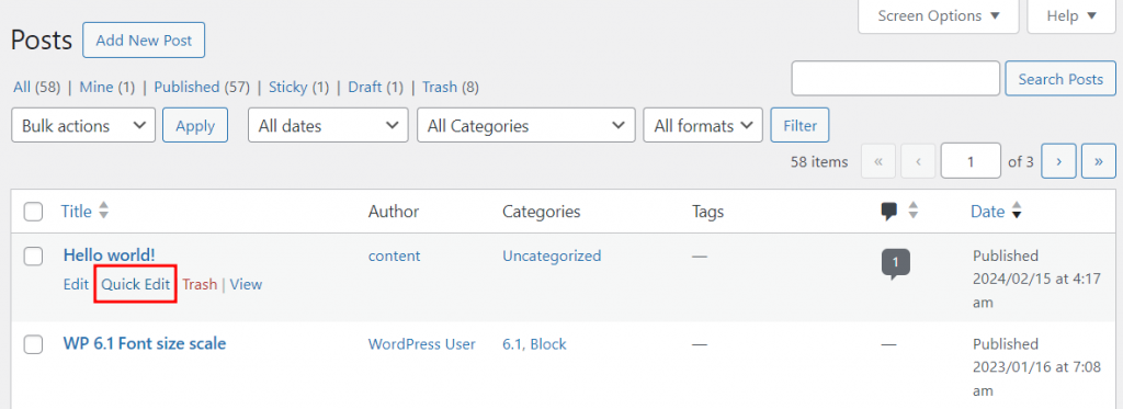 The Posts section in WordPress with the Quick Edit button highlighted in red