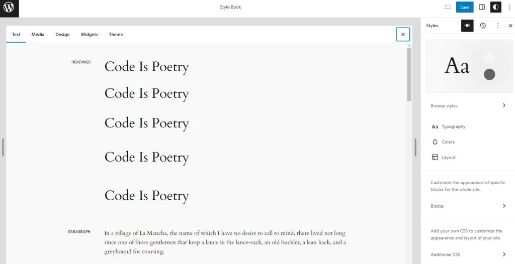 The Text tab inside the Style Book