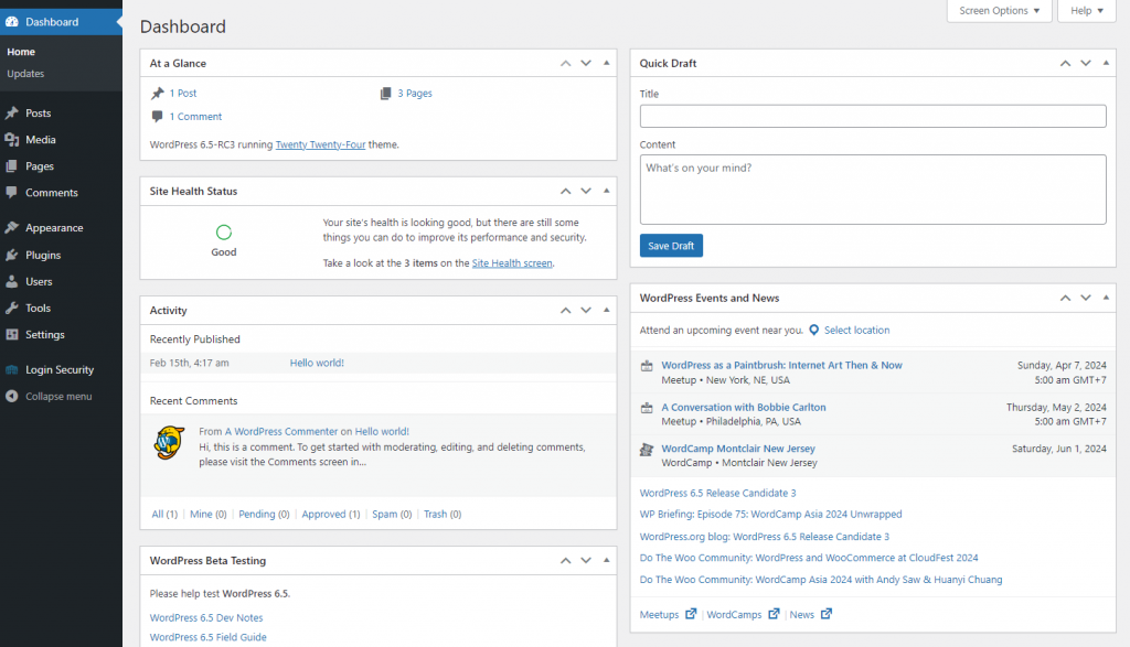 The WordPress admin dashboard which displays movable sections like "at a glance", "site health status", and "activity"