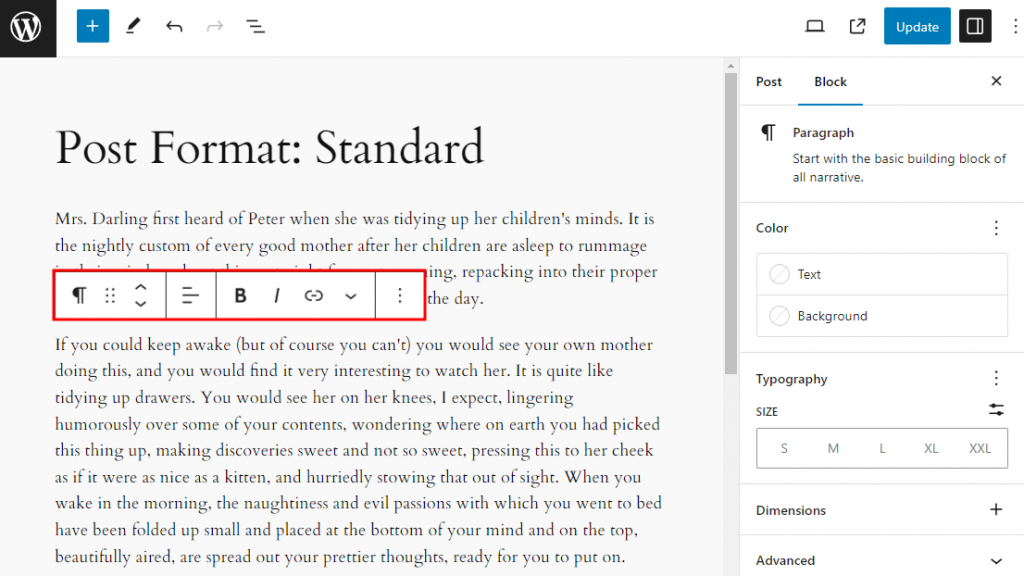 The block editor, showing the floating block toolbar