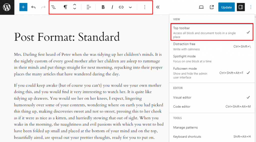 The block editor, with the floating block toolbar moved to the top