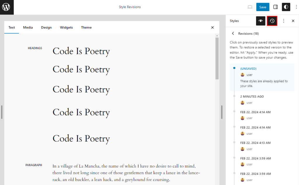 The design creation date history in the Style Book