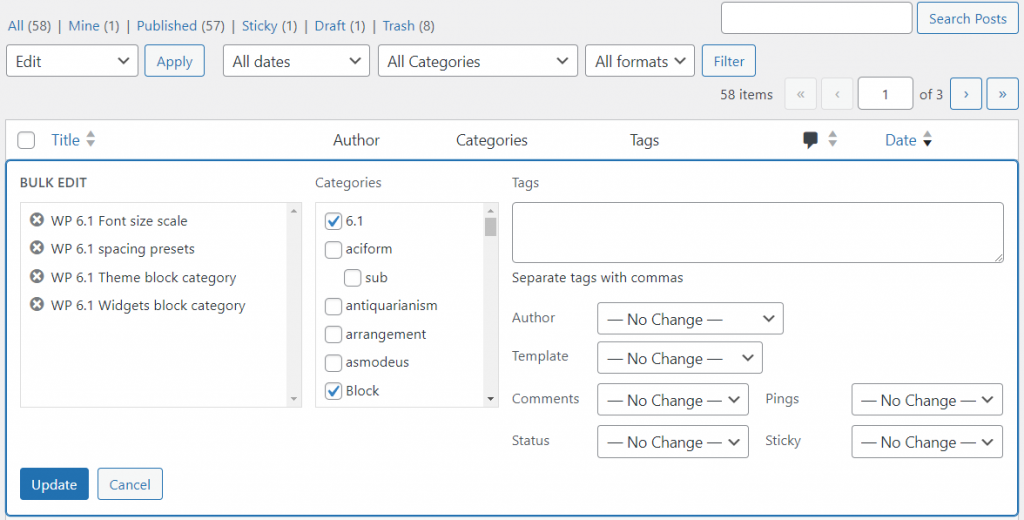 The editing options available when selecting Bulk Actions, then Edit