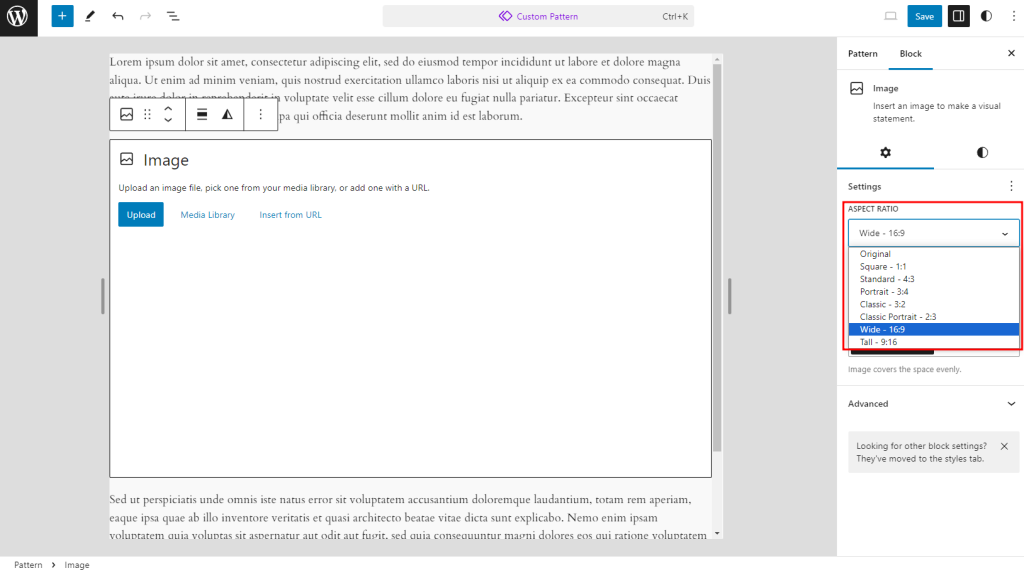 The image settings for a pattern
