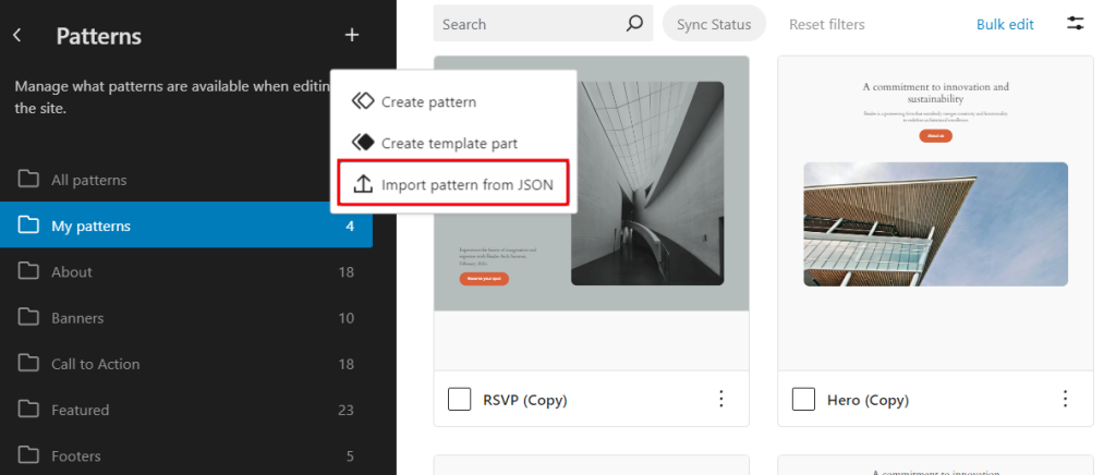 The option to import patterns from JSON in the block editor