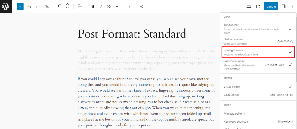 WordPress dashboard in Spotlight mode