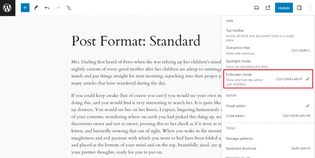 WordPress dashboard in fullscreen mode