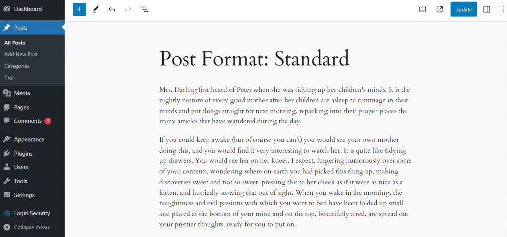 WordPress dashboard with the left sidebar