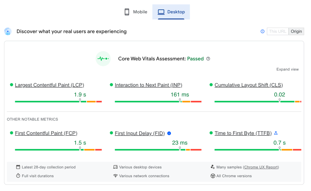 PageSpeed Insights' Core Web Vitals Assessment (évaluation de l'état de santé du site)