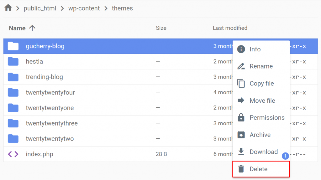 Theme files in wp-content, highlighting the option to delete a theme folder