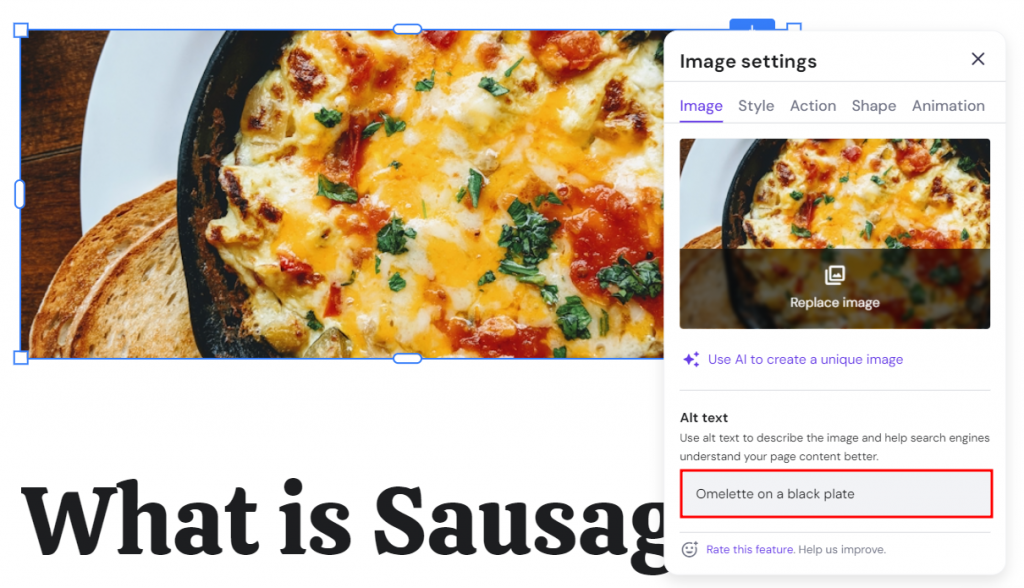 The Alt text field on Hostinger Website Builder's Image Settings