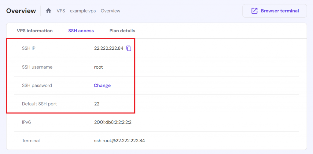 Accessing the SSH access tab on hPanel