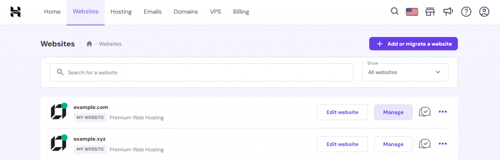 The Websites menu on hPanel with the Manage button highlighted
