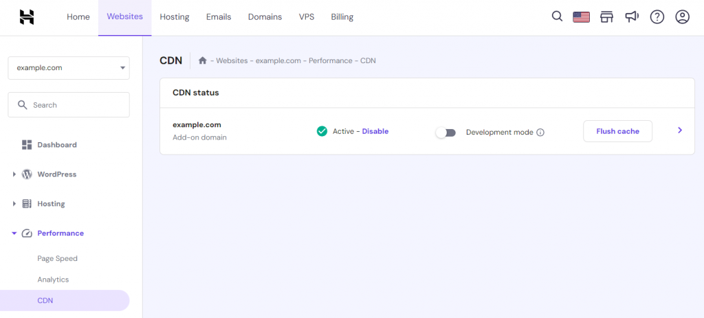 The CDN submenu in hPanel