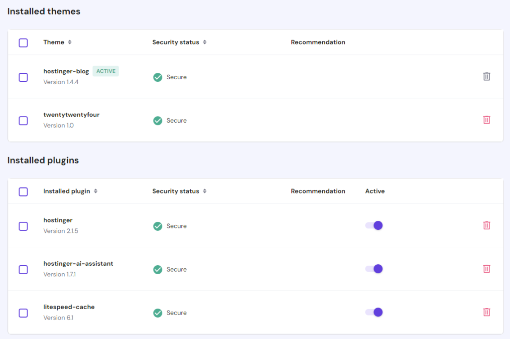 The Installed themes and Installed plugins sections in hPanel