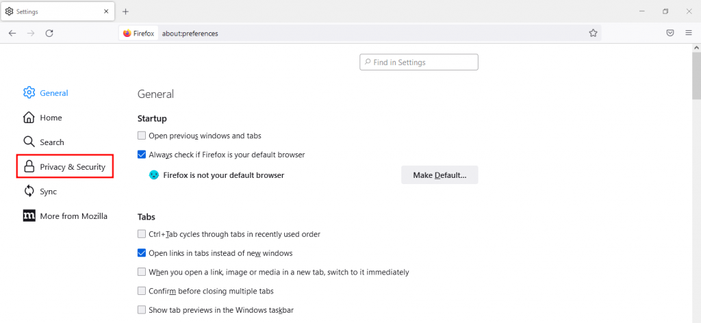 Privacy and security menu highlighted