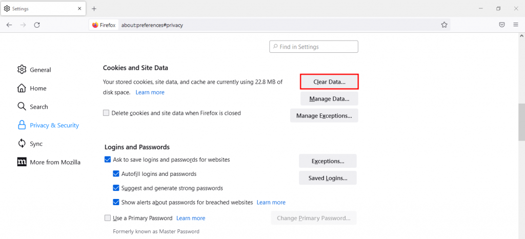 Cookies and site data menu with clear data button highlighted