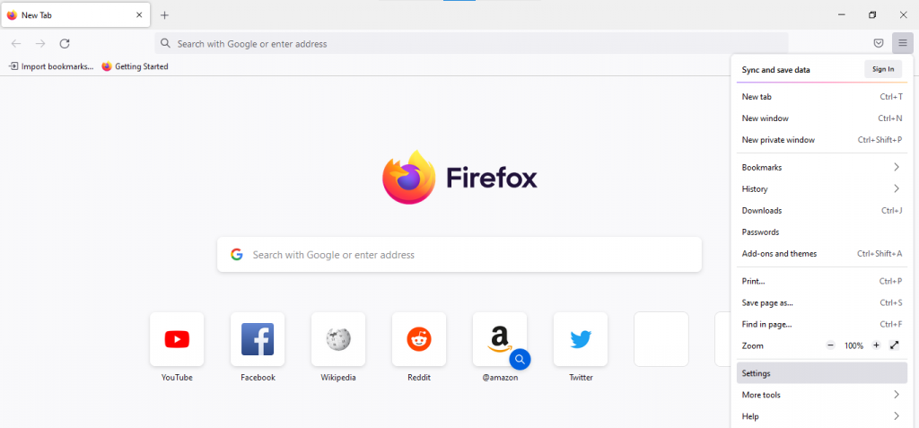 Mozilla Firefox settings menu highlighted in the browser