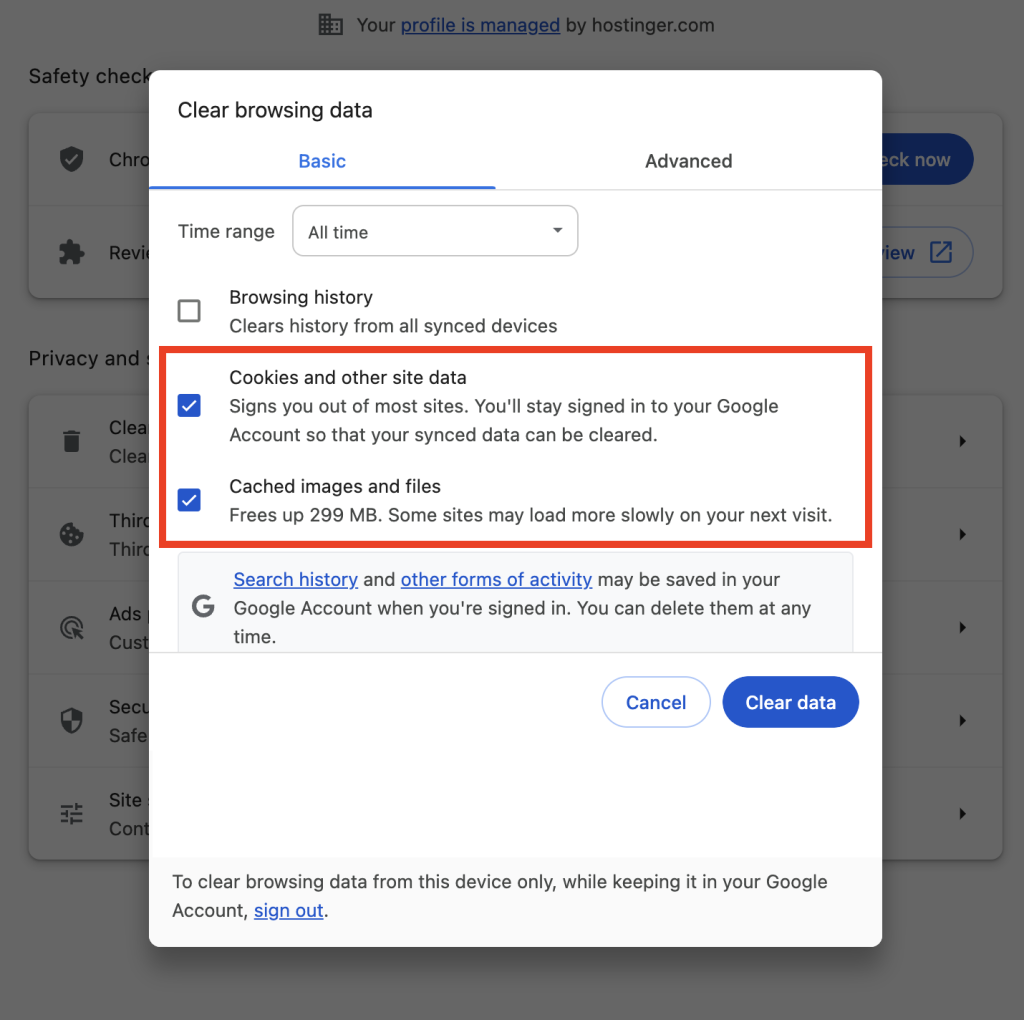 Cookies en andere sitegegevens en Gecachete afbeeldingen en bestanden