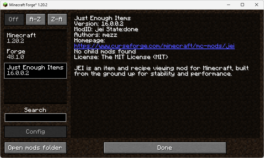 The minecraft mod list in the Minecraft launcher