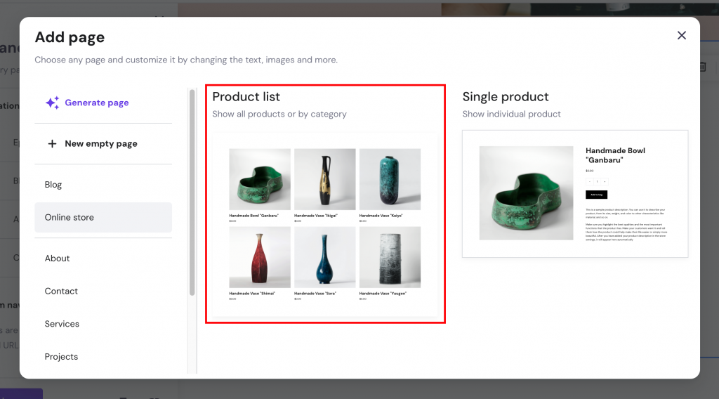 Hostinger Website Builder Add page window