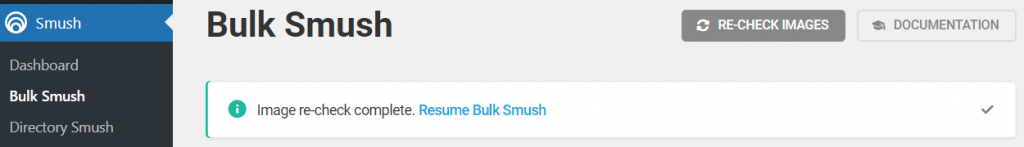 The Resume Bulk Smush button next to the Image re-check complete notification