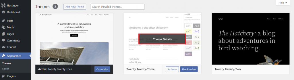 WordPress theme directory, highlighting the option to display theme details