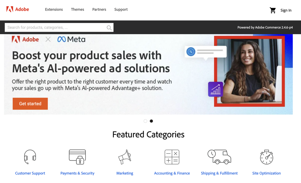 Página de inicio oficial de Adobe Commerce