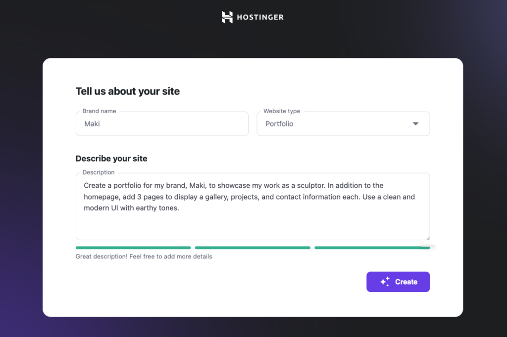 Hostinger AI website creation form with fields to enter the prompt