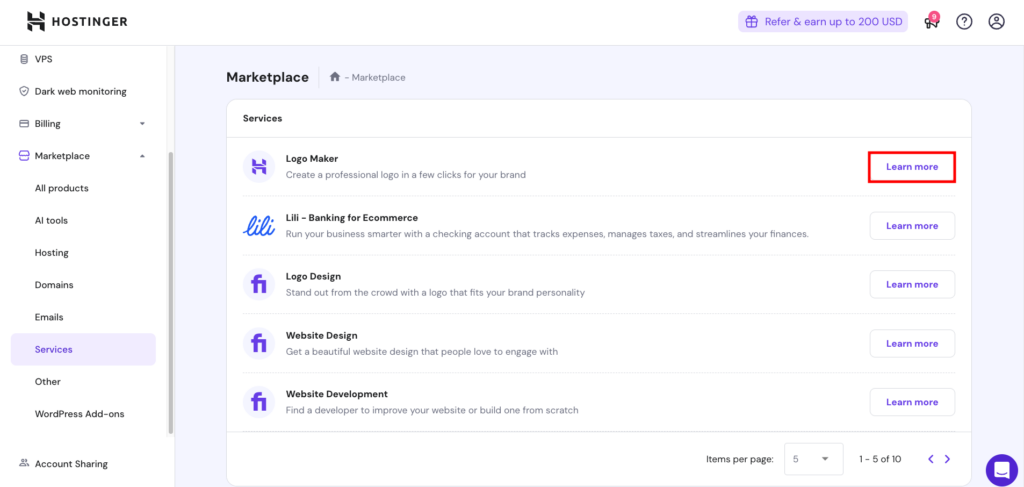 Hostinger hPanel, highlighting the button to access Logo Maker service