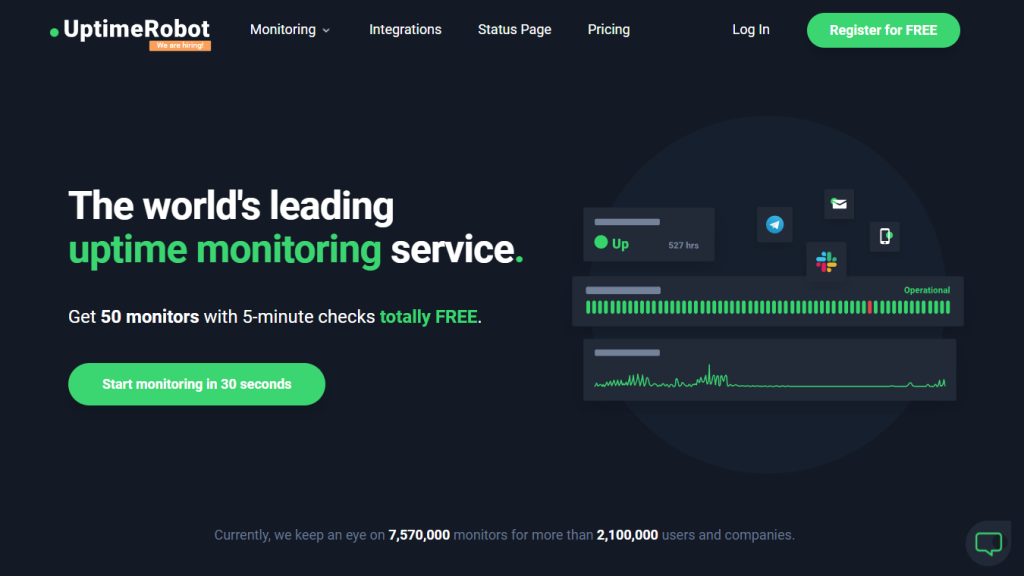 UptimeRobot's homepage