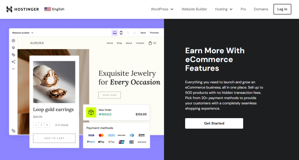 Hostinger Website Builder homepage's eCommerce section