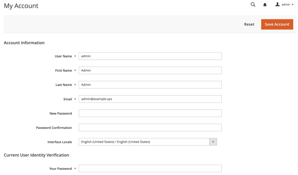 Sección de información de la cuenta de administrador de Magento 2