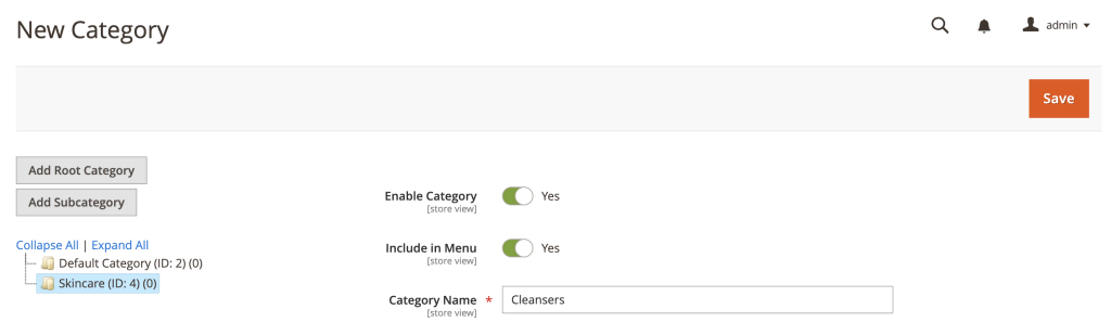Creando una subcategoría en Magento 2