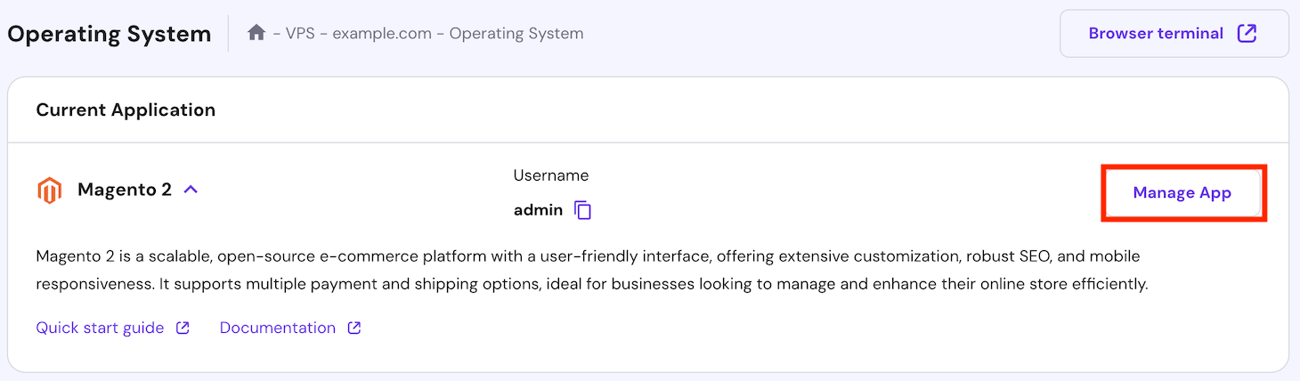 The Magento admin dashboard access button on hPanel's operating system configuration page