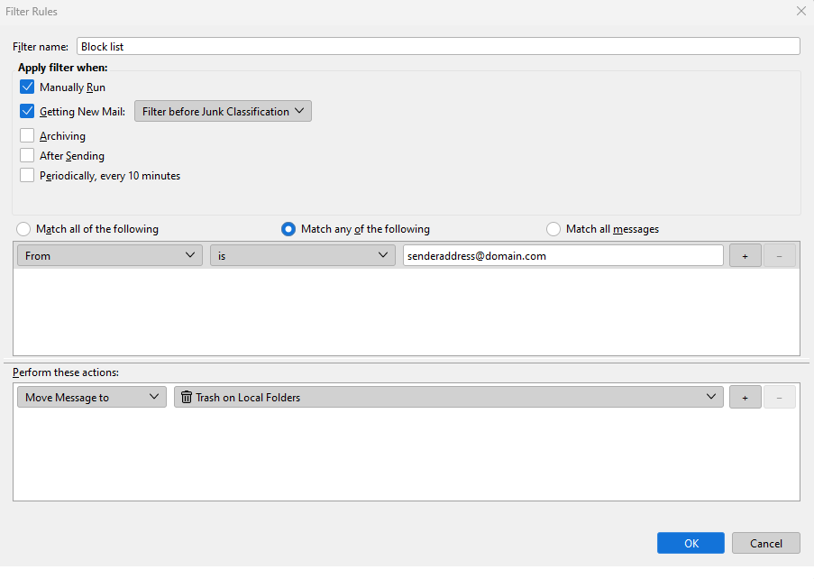 Thunderbird filter rules pop-up
