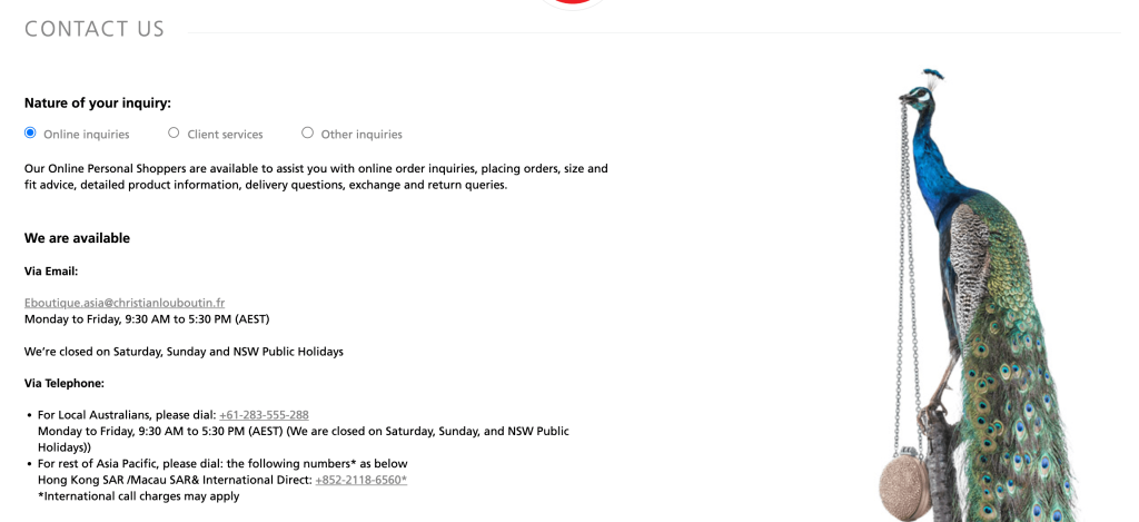 Christian Louboutin store's Contact Us page