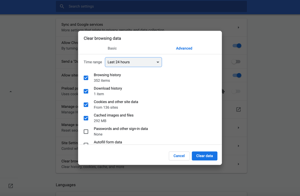 Clearing cache and cookies on Chrome