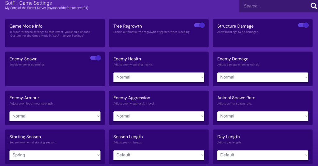 Game Panel's Sons of the Forest game settings