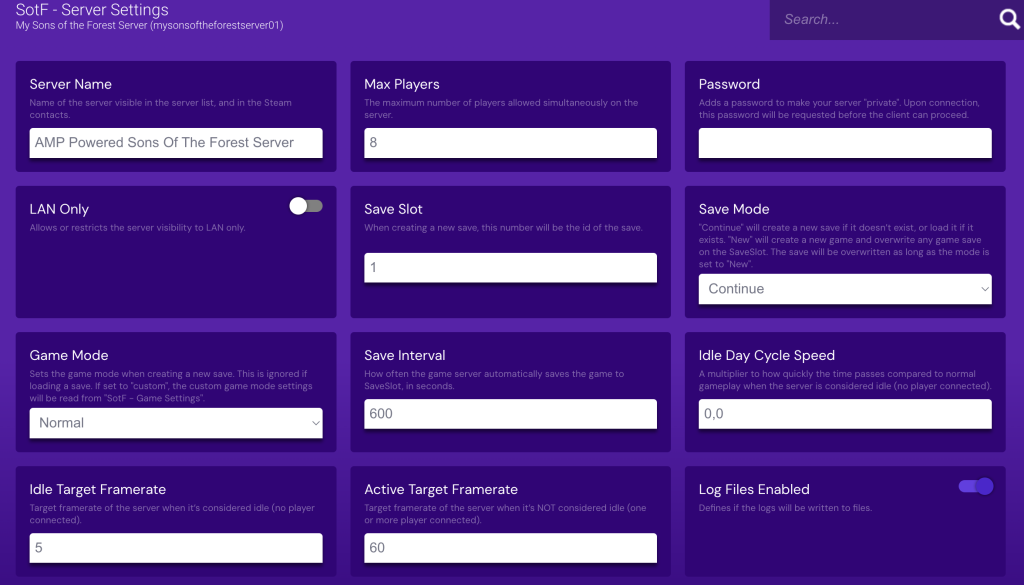 Game Panel's Sons of the Forest server settings