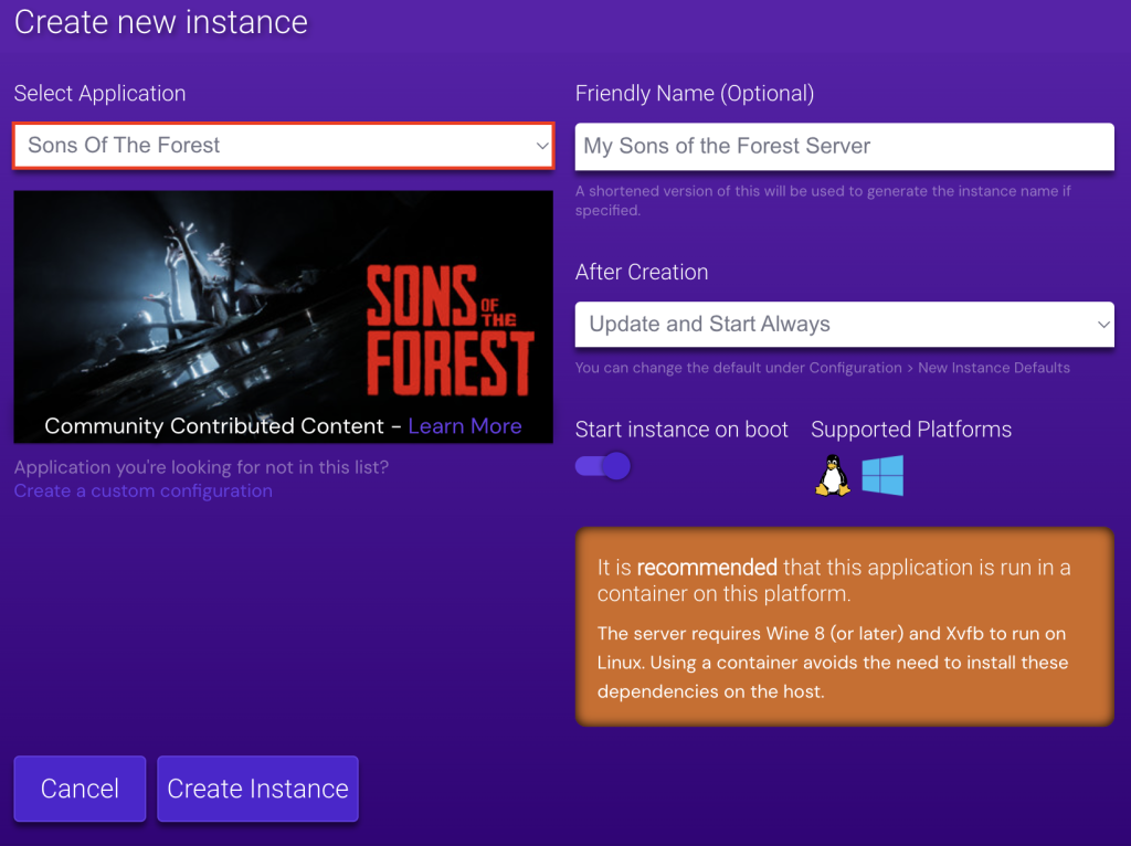 The Sons of the Forest instance on Game Panel