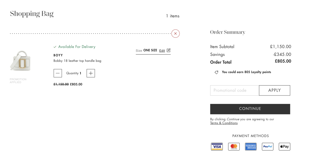 Harvey Nichols store's checkout page